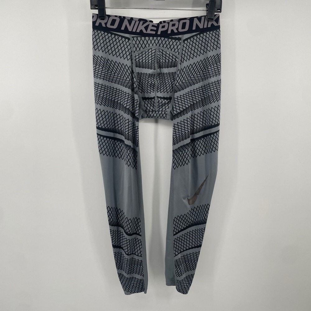 Nike Pro Tights Mens Medium Grey Geometric Dri-FIT Compression Leggings 3/4